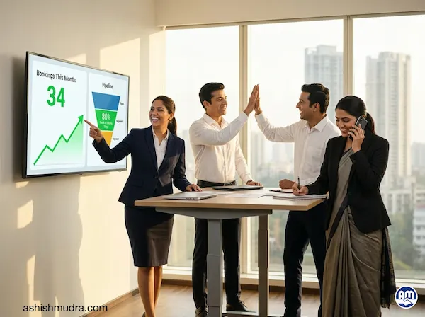 Happy real estate sales team in Mumbai office celebrating 34 bookings and 80% pipeline conversion on dashboard after sales system implementation