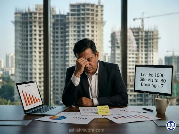 Stressed real estate developer in Mumbai office with low booking conversion stats — Leads 1000 Site Visits 80 Bookings 7 - under-construction buildings visible in background