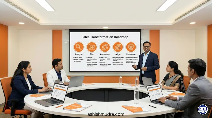 Sales transformation consultant presenting a structured 12-month sales transformation roadmap to MSME business founders and managers in a modern Indian corporate boardroom